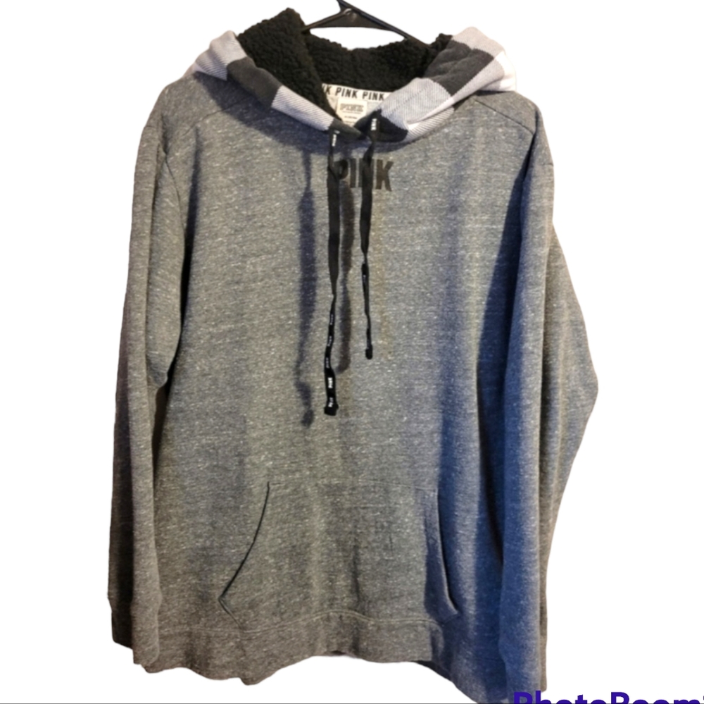 Victoria's Secret Pink gray Pullover Hoodie  Buffalo Sherpa
